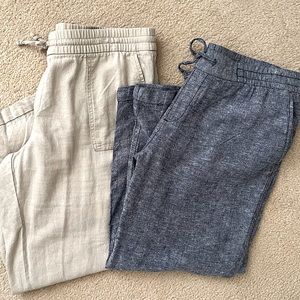 2 pair bundle linen blend ankle/capri pants. Size Large. Blue & Beige